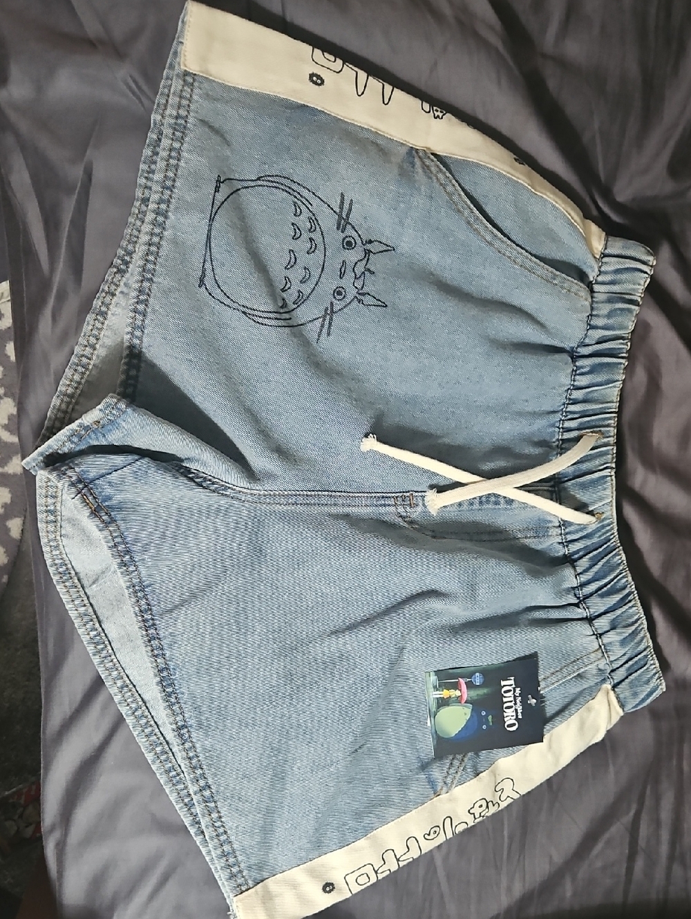 Light Wash Denim Shorts with Totoro Print On The Front